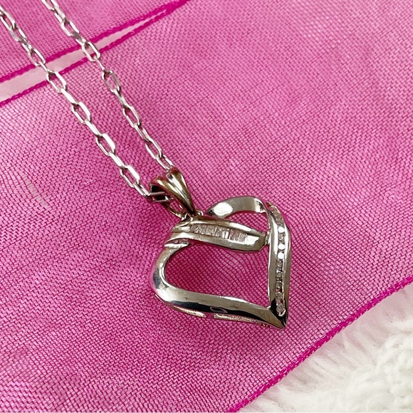 10K White Gold Heart Pendant Baguette & Round Accents 14K White Gold Chain 16” - Picture 5 of 16